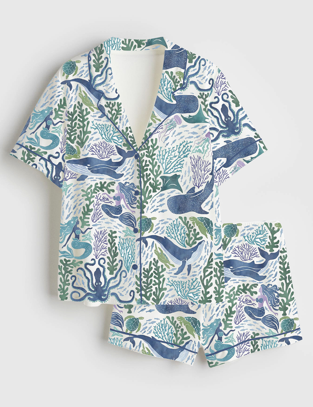 Womenâ€™s Ocean Animals Watercolor Whale Ocean Mermaid Art Print Short Sleeve Satin Pajama Set