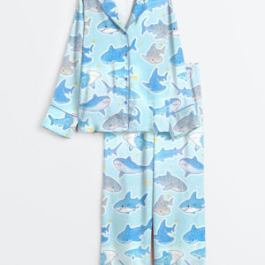 Women's Ocean Marine Animal Whale Shark Long Sleeve Satin Pajamas Set