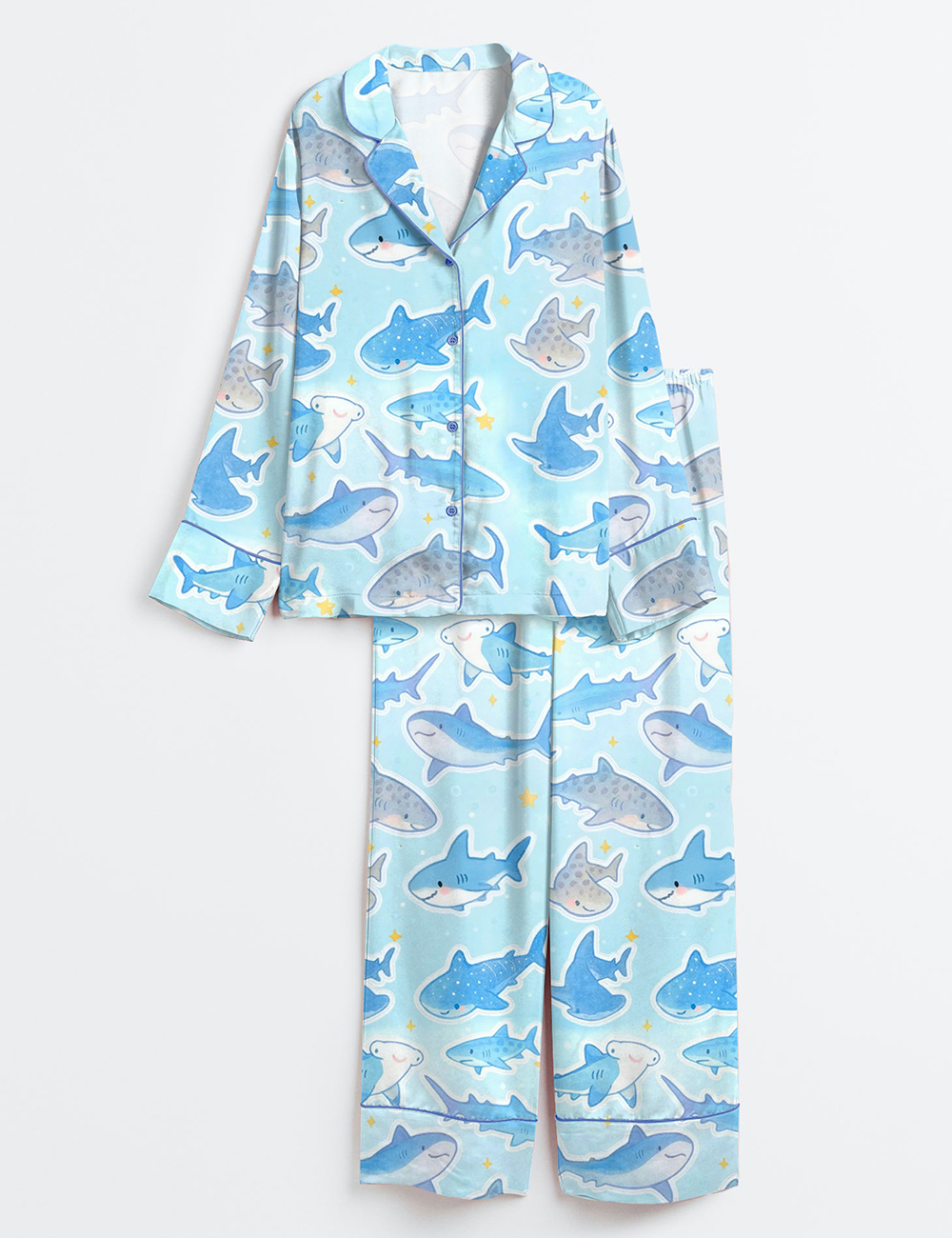 Women's Ocean Marine Animal Whale Shark Long Sleeve Satin Pajamas Set