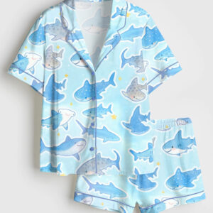 Womenâ€™s Ocean Marine Animal Whale Shark Short Sleeve Satin Pajama Set