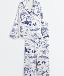 Women's Ocean Nature Vintage 90s Tattoo Sea Animal Print Long Sleeve Satin Pajama Set