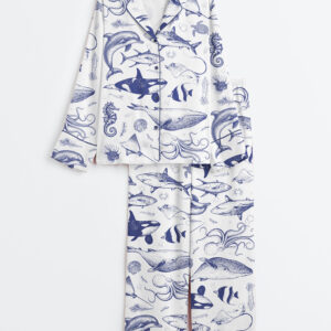 Womenâ€™s Ocean Nature Vintage 90s Tattoo Sea Animal Print Long Sleeve Satin Pajama Set