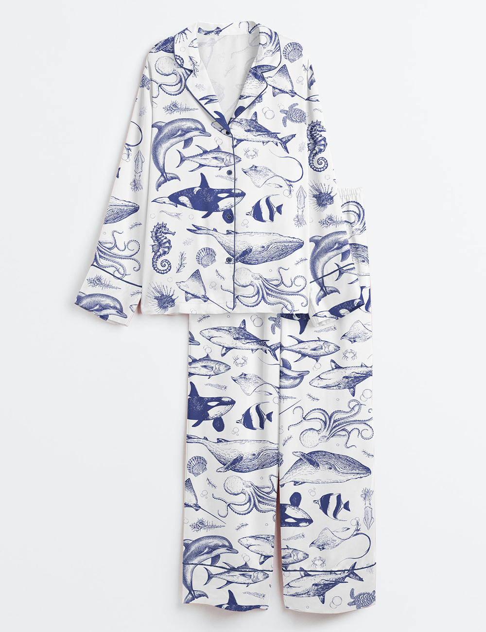 Womenâ€™s Ocean Nature Vintage 90s Tattoo Sea Animal Print Long Sleeve Satin Pajama Set