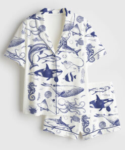 Women's Ocean Nature Vintage 90s Tattoo Sea Animal Print Short Sleeve Satin Pajama Set