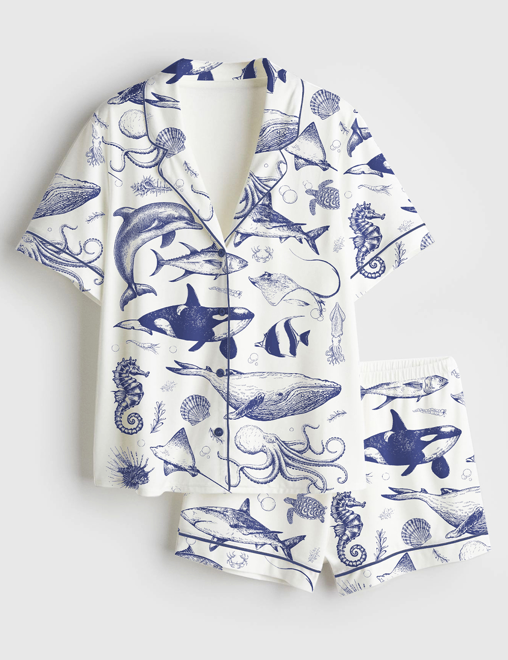 Womenâ€™s Ocean Nature Vintage 90s Tattoo Sea Animal Print Short Sleeve Satin Pajama Set