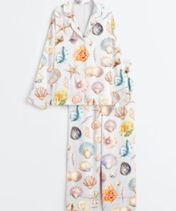 Women's Ocean Sea Shell Beach Wedding Coastal Summer Beach Print Long Sleeve Satin Pajama Set