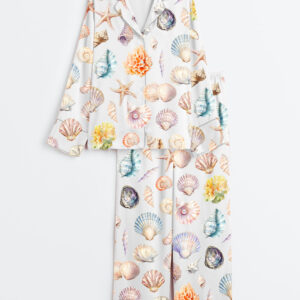 Womenâ€™s Ocean Sea Shell Beach Wedding Coastal Summer Beach Print Long Sleeve Satin Pajama Set