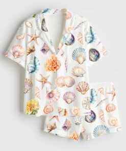 Women's Ocean Sea Shell Beach Wedding Coastal Summer Beach Print Short Sleeve Satin Pajama Set