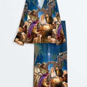 Women's Oh Holy Night Jesus Christmas Christian Long Sleeve Satin Pajamas Set