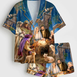 Womenâ€™s Oh Holy Night Jesus Christmas Christian Short Sleeve Satin Pajama Set