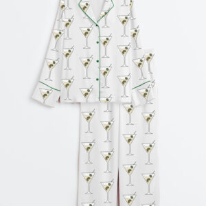 Women's Olive Martini Drinking Long Sleeve Satin Pajamas Set