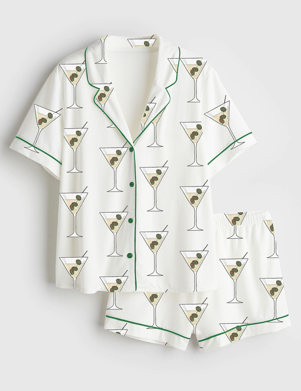 Women's Olive Martini Drinking Short Sleeve Satin Pajama Set