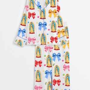 Womenâ€™s Our Lady Of Guadalupe Religious Latina Catholic Guadalupe Coquette Bow Long Sleeve Satin Pajama Set