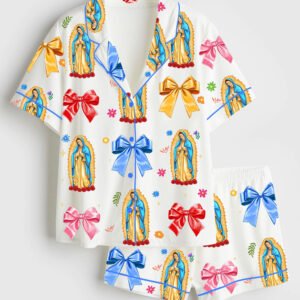 Womenâ€™s Our Lady Of Guadalupe Religious Latina Catholic Guadalupe Coquette Bow Short Sleeve Satin Pajama Set