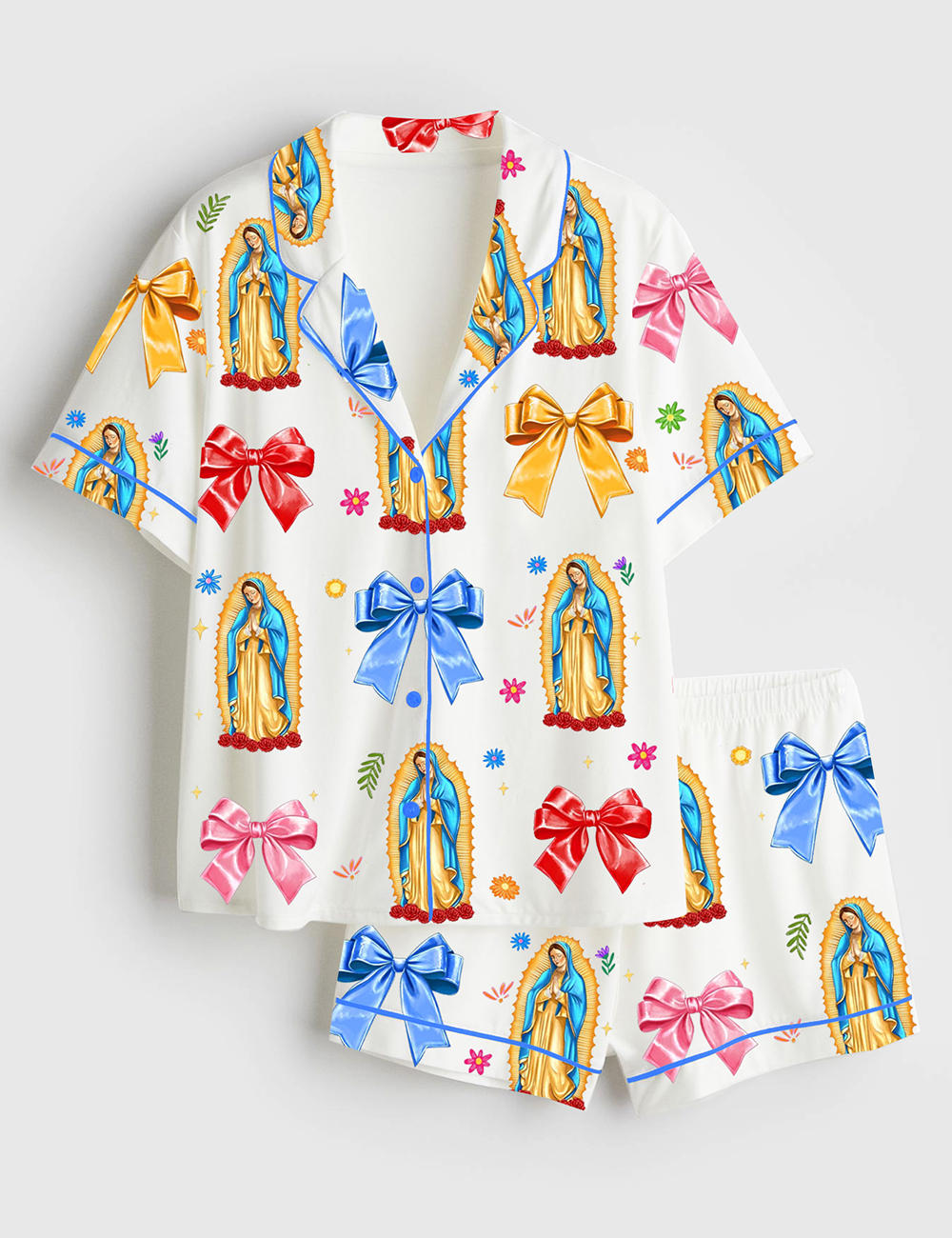 Womenâ€™s Our Lady Of Guadalupe Religious Latina Catholic Guadalupe Coquette Bow Short Sleeve Satin Pajama Set