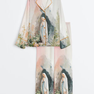 Womenâ€™s Our Lady Of Lourdes Jesus Mary Catholic Blessed Mother Long Sleeve Satin Pajama Set