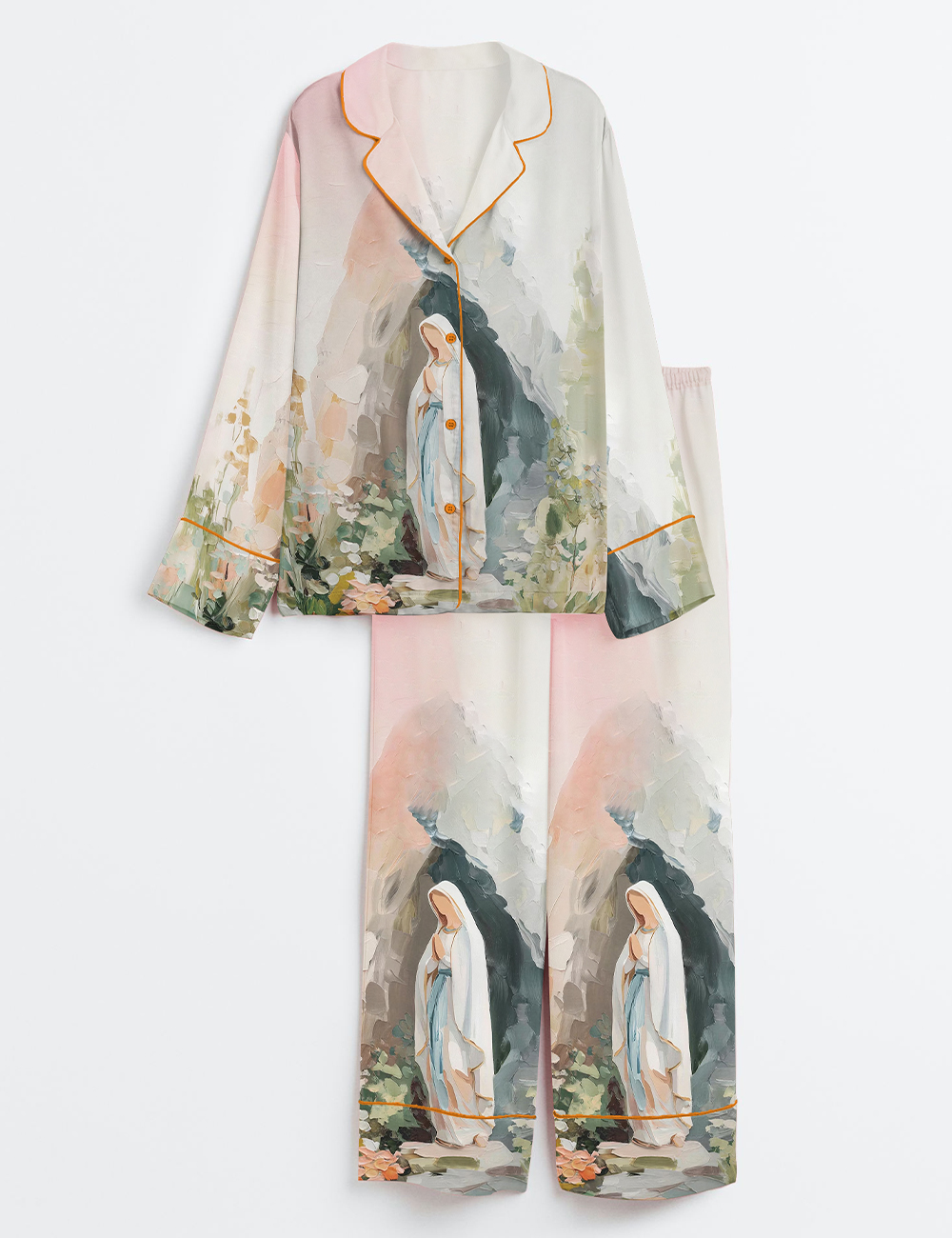 Womenâ€™s Our Lady Of Lourdes Jesus Mary Catholic Blessed Mother Long Sleeve Satin Pajama Set
