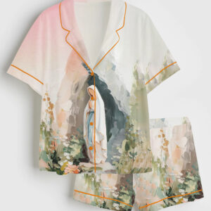 Womenâ€™s Our Lady Of Lourdes Jesus Mary Catholic Blessed Mother Short Sleeve Satin Pajama Set