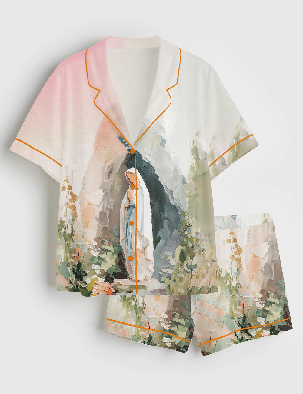 Womenâ€™s Our Lady Of Lourdes Jesus Mary Catholic Blessed Mother Short Sleeve Satin Pajama Set