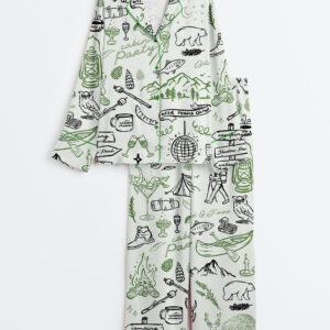 Women's Outdoor Whimsical Style Hand Drawn Cabin Party Camping Wilderness Print Long Sleeve Satin Pajamas Set