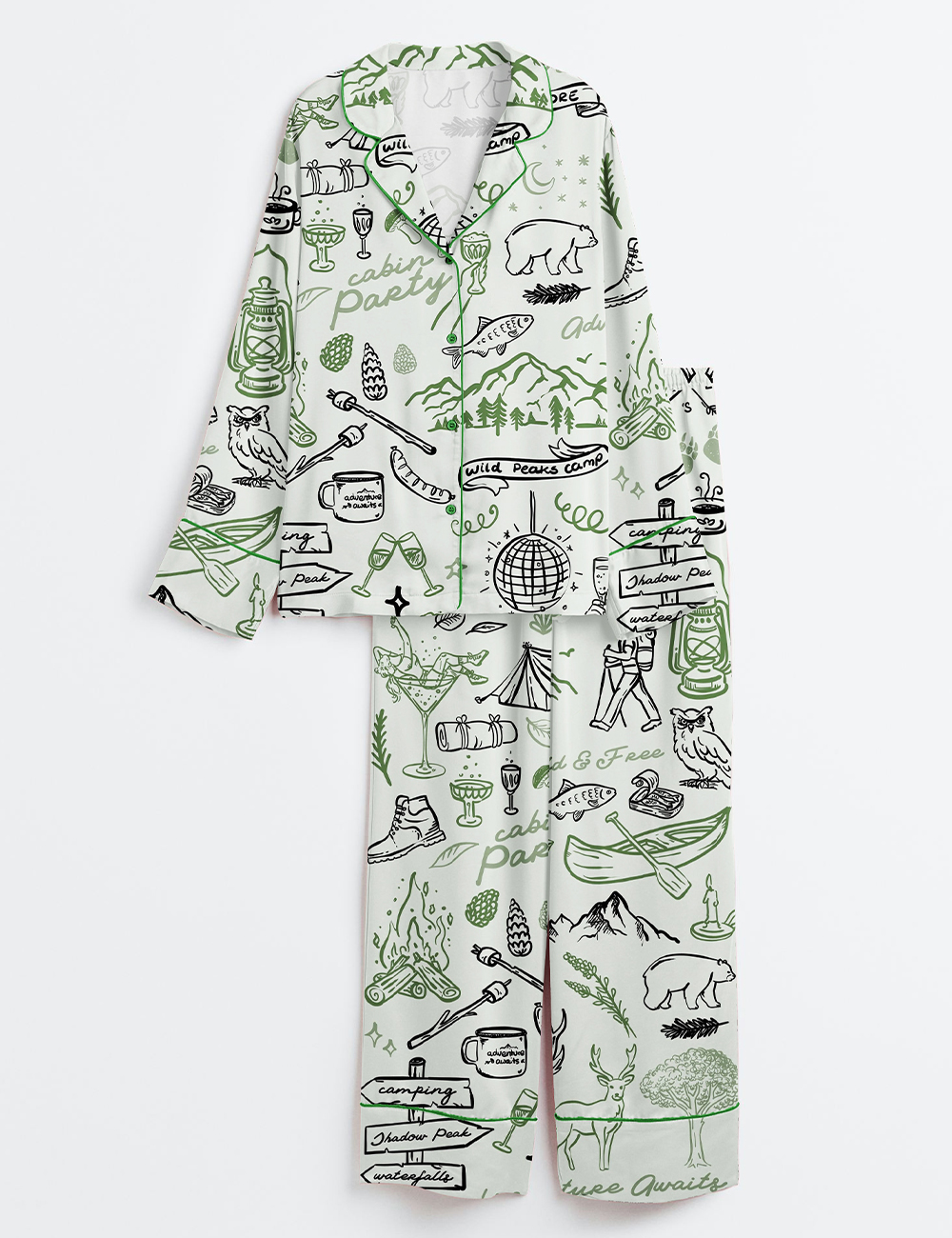 Women's Outdoor Whimsical Style Hand Drawn Cabin Party Camping Wilderness Print Long Sleeve Satin Pajamas Set