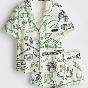 Womenâ€™s Outdoor Whimsical Style Hand Drawn Cabin Party Camping Wilderness Print Short Sleeve Satin Pajama Set