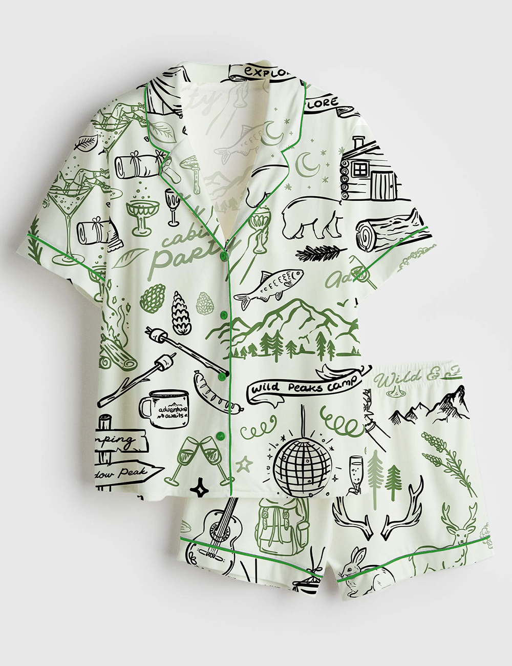 Womenâ€™s Outdoor Whimsical Style Hand Drawn Cabin Party Camping Wilderness Print Short Sleeve Satin Pajama Set