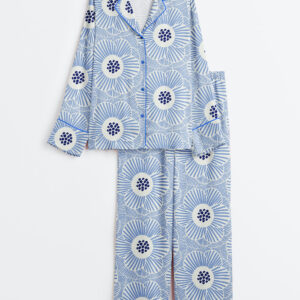 Women's Overlapping Camellia Bright Blue Print Long Sleeve Satin Pajamas Set