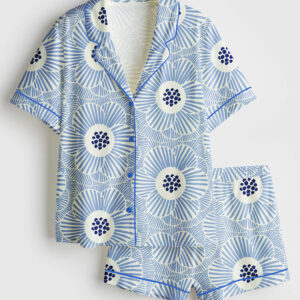 Womenâ€™s Overlapping Camellia Bright Blue Print Short Sleeve Satin Pajama Set