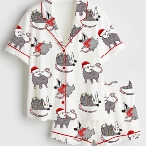 Womenâ€™s Overstimulated But Festive Possum Christmas Short Sleeve Satin Pajama Set