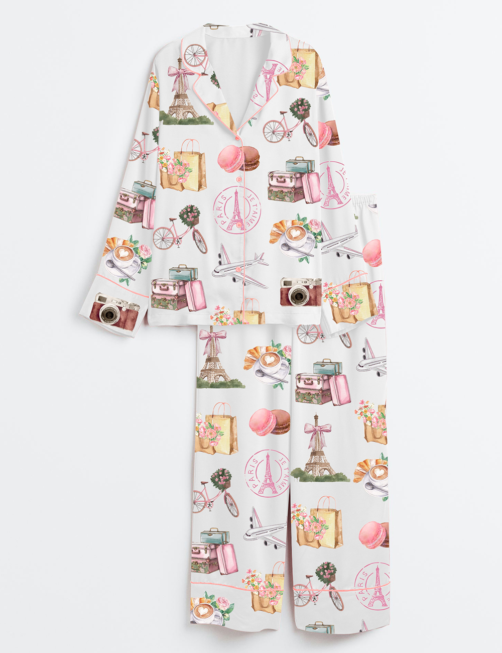 Womenâ€™s Paris France Girls Trip Family Vacation Summer Travel Long Sleeve Satin Pajama Set