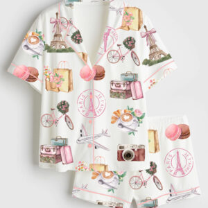 Womenâ€™s Paris France Girls Trip Family Vacation Summer Travel Short Sleeve Satin Pajama Set