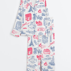Womenâ€™s Paris Whimsical French Parisian Symbols Long Sleeve Satin Pajama Set