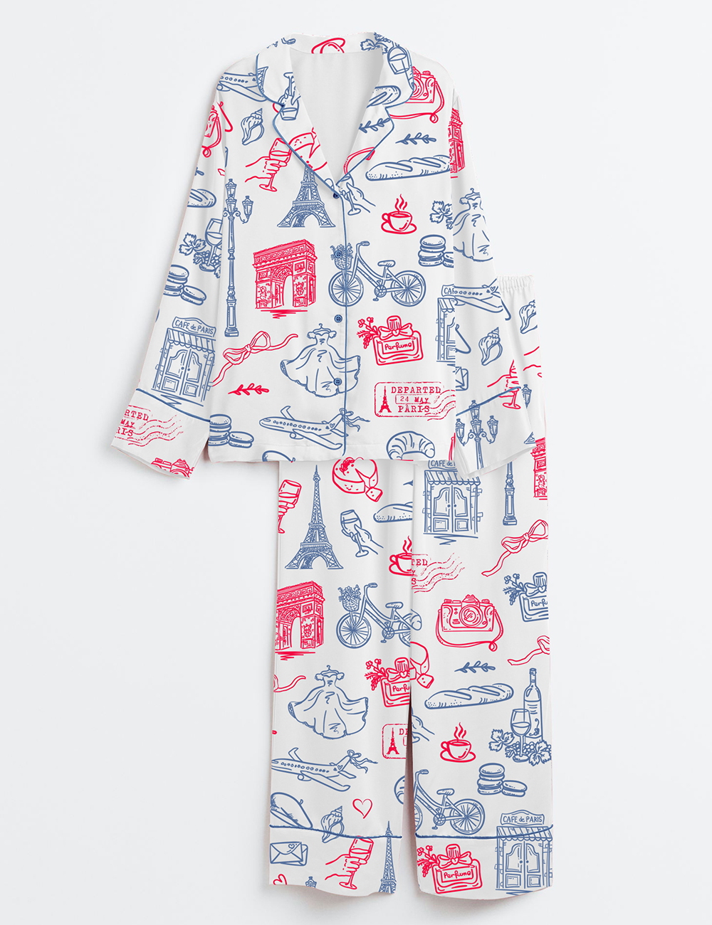 Womenâ€™s Paris Whimsical French Parisian Symbols Long Sleeve Satin Pajama Set