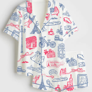 Womenâ€™s Paris Whimsical French Parisian Symbols Short Sleeve Satin Pajama Set