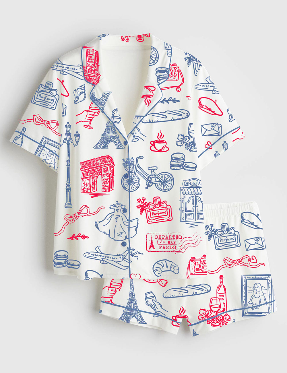 Womenâ€™s Paris Whimsical French Parisian Symbols Short Sleeve Satin Pajama Set