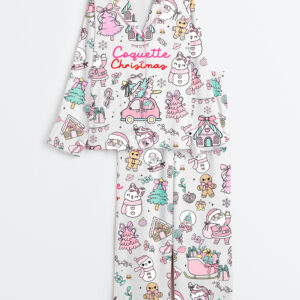 Womenâ€™s Pastel Coquette Christmas Girly Pink And Mint Xmas Long Sleeve Satin Pajama Set