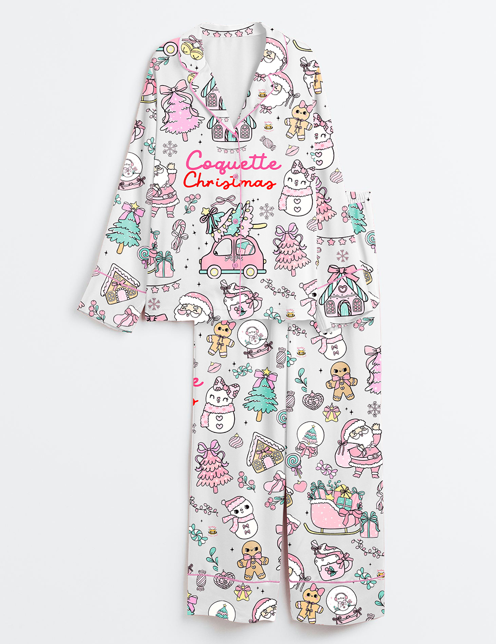 Womenâ€™s Pastel Coquette Christmas Girly Pink And Mint Xmas Long Sleeve Satin Pajama Set