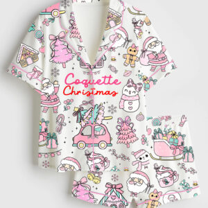 Womenâ€™s Pastel Coquette Christmas Girly Pink And Mint Xmas Short Sleeve Satin Pajama Set