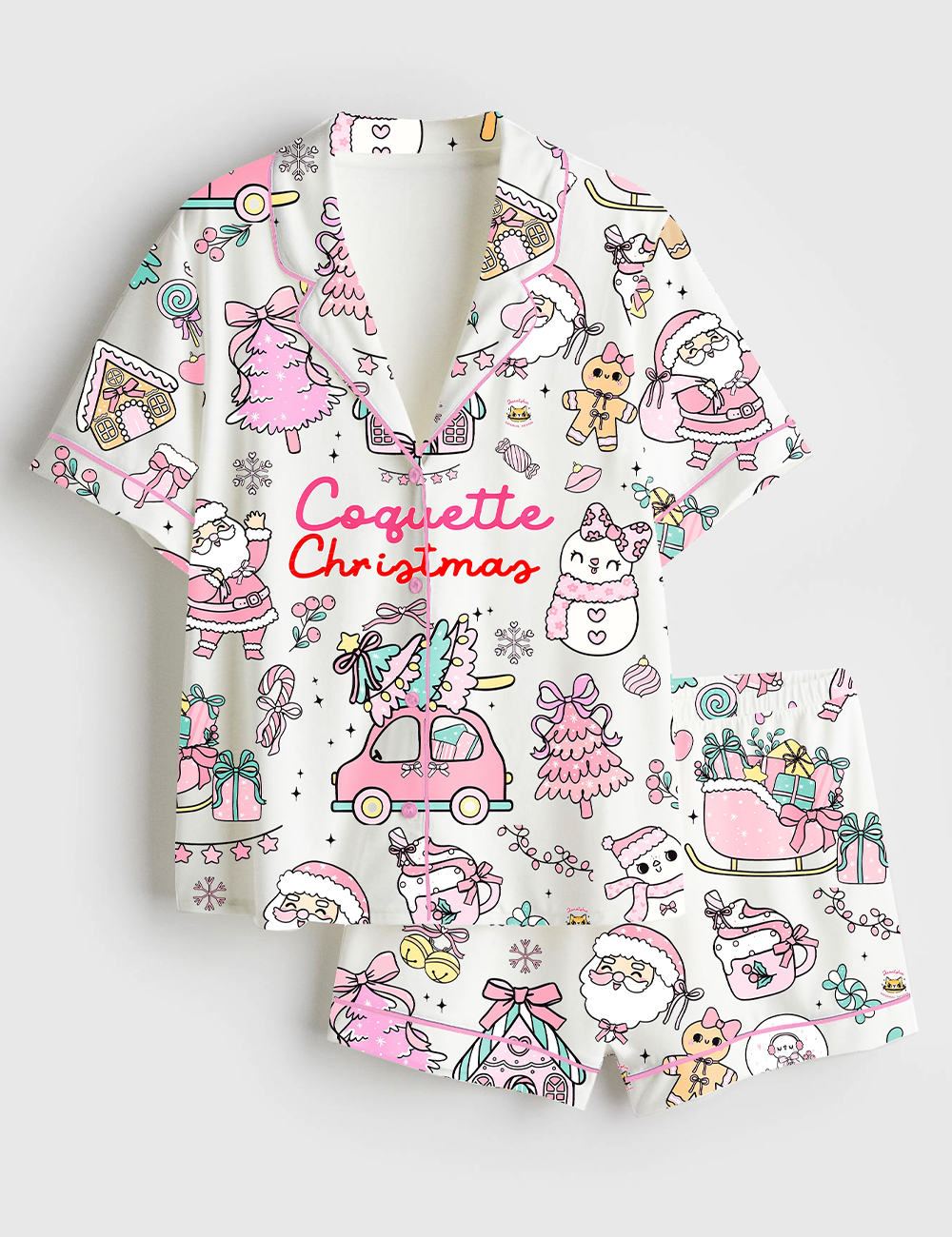 Womenâ€™s Pastel Coquette Christmas Girly Pink And Mint Xmas Short Sleeve Satin Pajama Set