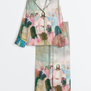 Women's Pastel Jesus Preaching Oil Painting Vintage Bright Christian Abstract Jesus Long Sleeve Satin Pajamas Set