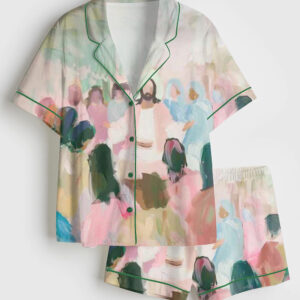 Womenâ€™s Pastel Jesus Preaching Oil Painting Vintage Bright Christian Abstract Jesus Short Sleeve Satin Pajama Set