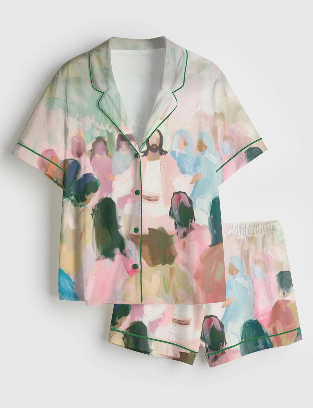 Womenâ€™s Pastel Jesus Preaching Oil Painting Vintage Bright Christian Abstract Jesus Short Sleeve Satin Pajama Set