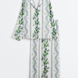 Womenâ€™s Pastel Preppy Light Blue Green Grandmillennial Botanical Floral Long Sleeve Satin Pajama Set