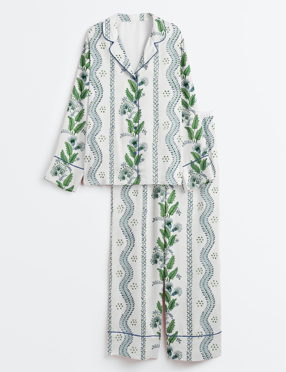 Womenâ€™s Pastel Preppy Light Blue Green Grandmillennial Botanical Floral Long Sleeve Satin Pajama Set