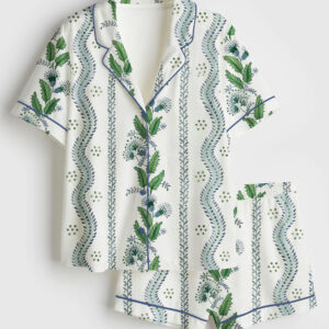 Womenâ€™s Pastel Preppy Light Blue Green Grandmillennial Botanical Floral Short Sleeve Satin Pajama Set