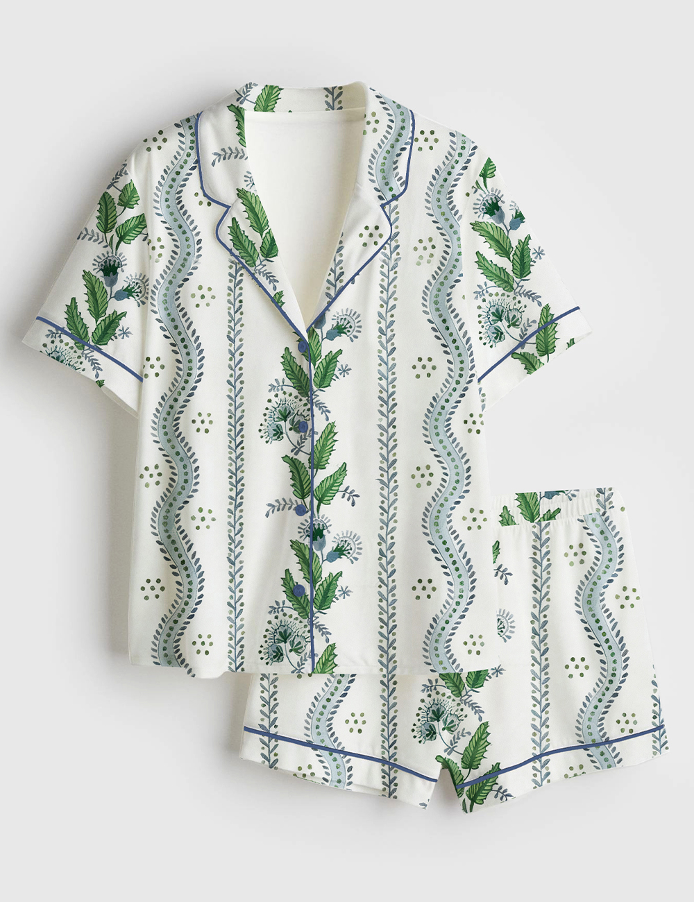 Womenâ€™s Pastel Preppy Light Blue Green Grandmillennial Botanical Floral Short Sleeve Satin Pajama Set