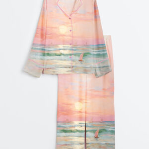 Women's Pastel Sunset Blush Pink Coastal Beach Preppy Ocean Print Long Sleeve Satin Pajamas Set