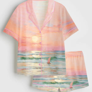 Womenâ€™s Pastel Sunset Blush Pink Coastal Beach Preppy Ocean Print Short Sleeve Satin Pajama Set