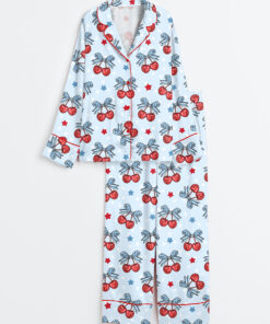Women's Patriotic 4th Of July Cherry Coquette Bow Print Long Sleeve Satin Pajama Set
